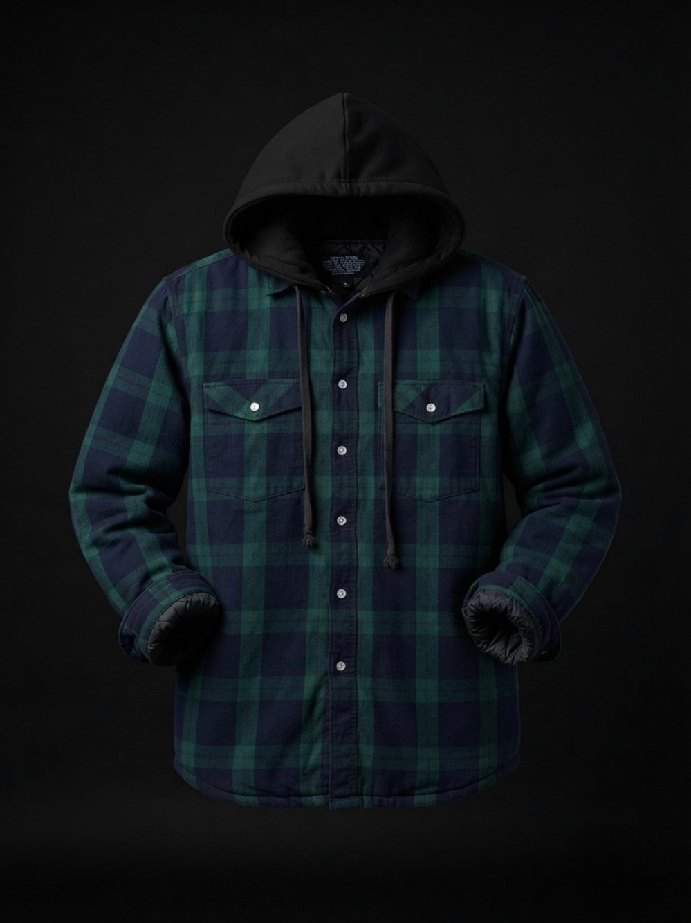 Rustic Outfitters Men’s Large Green Navy Plaid Hooded Flannel Shirt Jacket